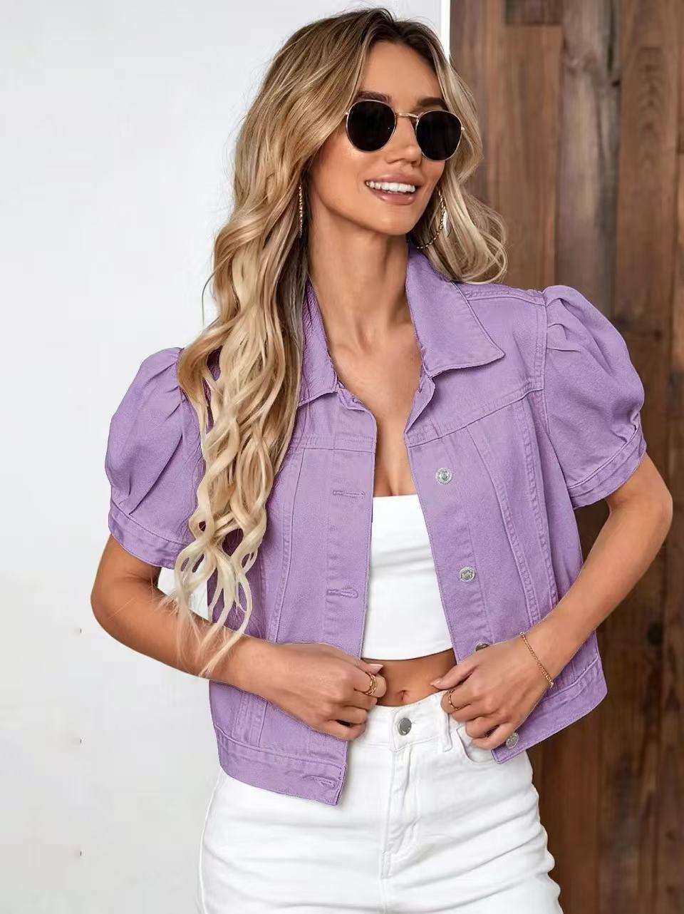 Veste en jean femme à manches bouffantes style rétro