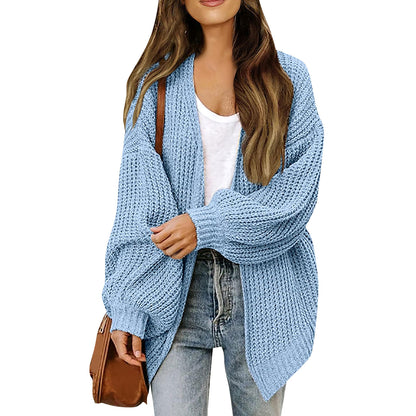Cardigan-mantella da donna in maglia grossa – Stile oversize confortevole con maniche a lanterna