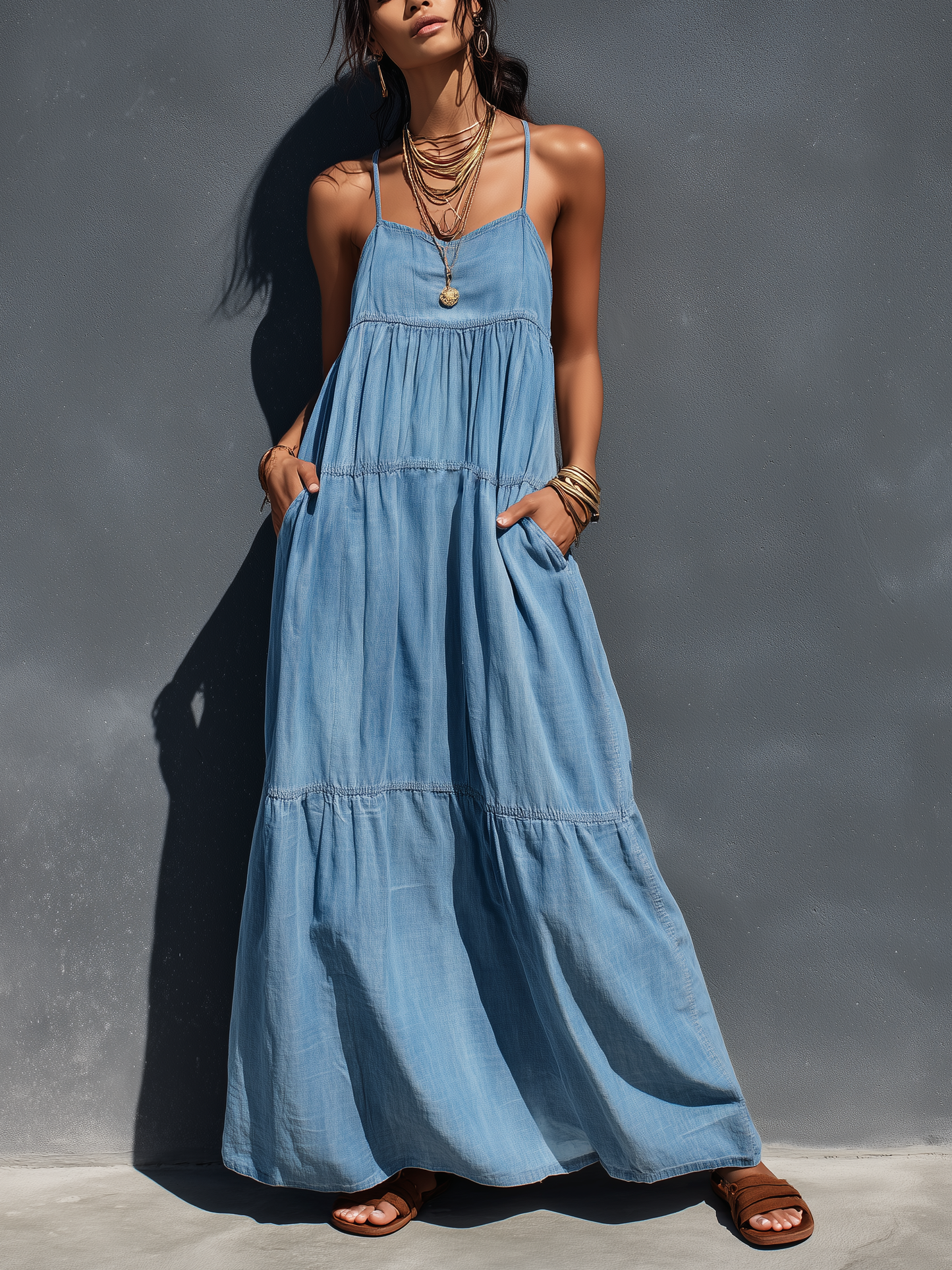 Women's Denim Maxi Overalls Dress - Casual and Trendy
