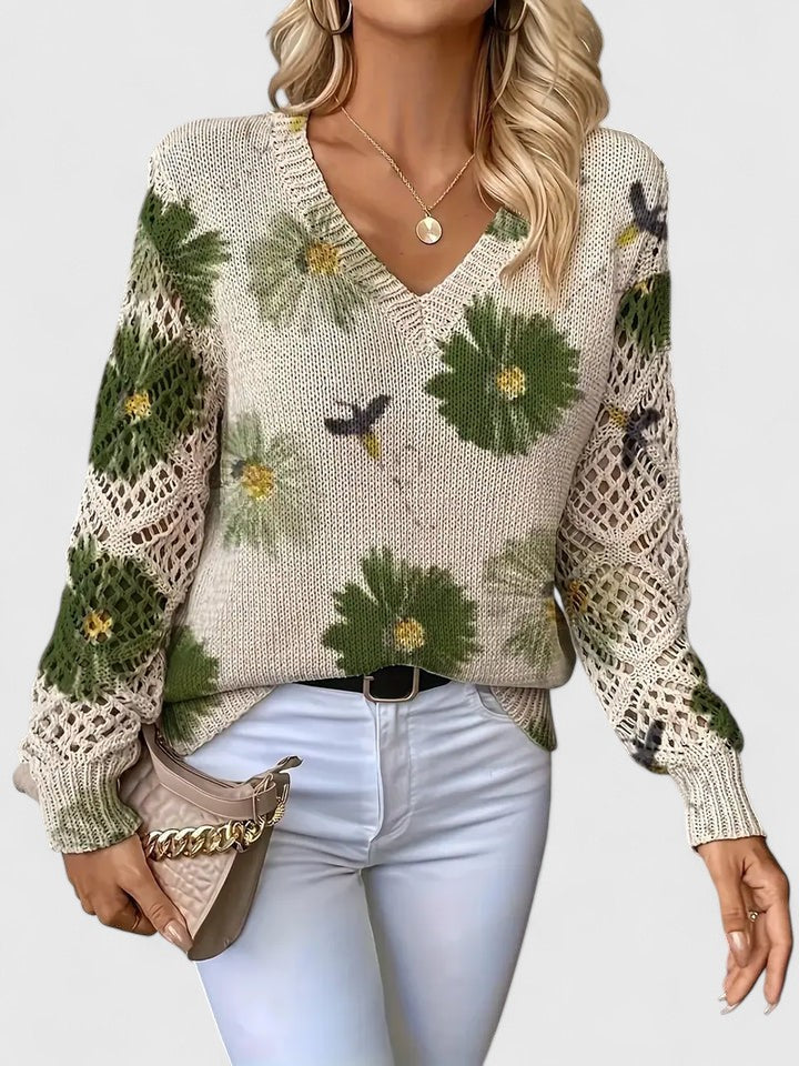 Pull Femme à Col V Tricoté à Fleurs – Pull Moderne Élégant