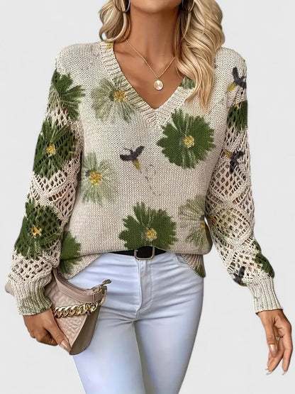Pull Femme à Col V Tricoté à Fleurs – Pull Moderne Élégant