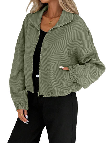 Women's stand-collar zip-up jacket – Loose fit, drawstring hem, casual fall-winter style