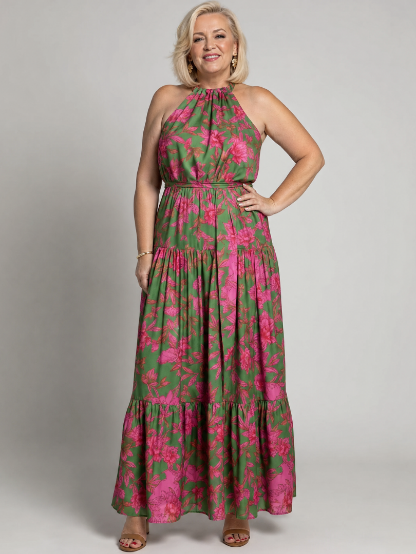 Women's Draped Midi Dress with Halter Neck - Chic and Flattering