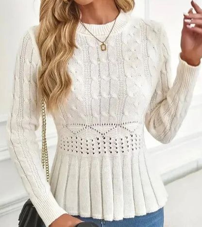 Pull Élégant Côtelé à Basque Femme – Maille Épaisse Col Rond