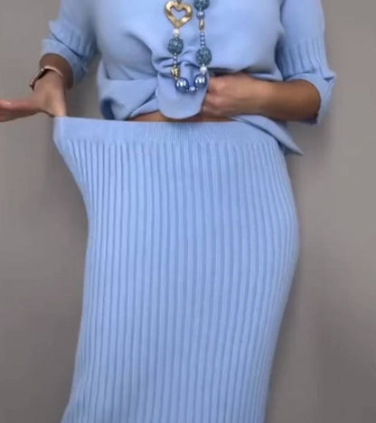 Ensemble Tricot Élégant Femme – Pull Col Roulé Côtelé et Jupe Midi