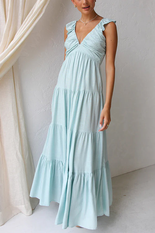 Robe Maxi en Lin Margovil – Col V avec Volants et Jupe à Niveaux Sans Manches