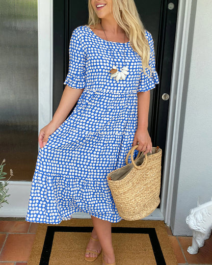 Robe midi pour femme à col rond et imprimé à pois