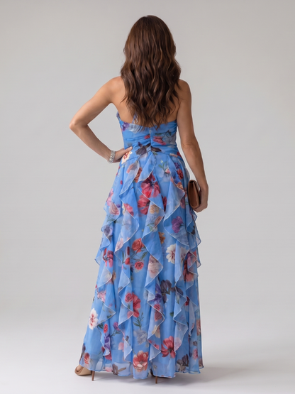 Women's Floral Maxi Dress with Halter Neck and Ruched Bustier - Refined and Summery