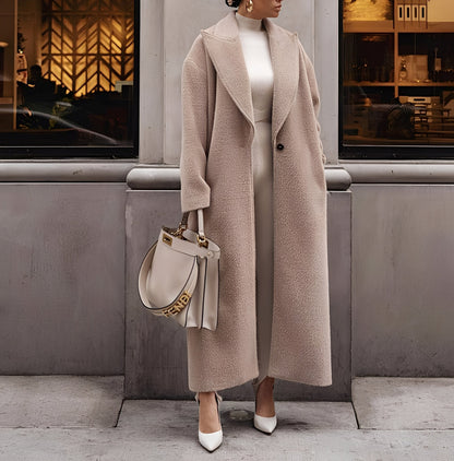 Manteau Long Oversize Élégant pour Femmes – Veste en Faux Laine Unie à Bouton Unique
