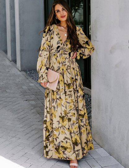 Robe Maxi Bohème en Chiffon à Fleurs Femme – Style Élégant Fluide à Manches Longues