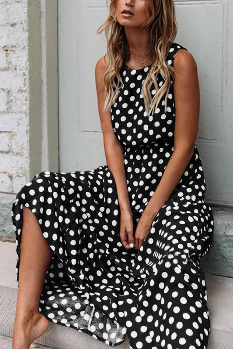 Robe Longue Femme Sans Manches à Pois Coupe Décontractée