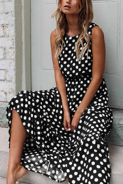 Robe Longue Femme Sans Manches à Pois Coupe Décontractée