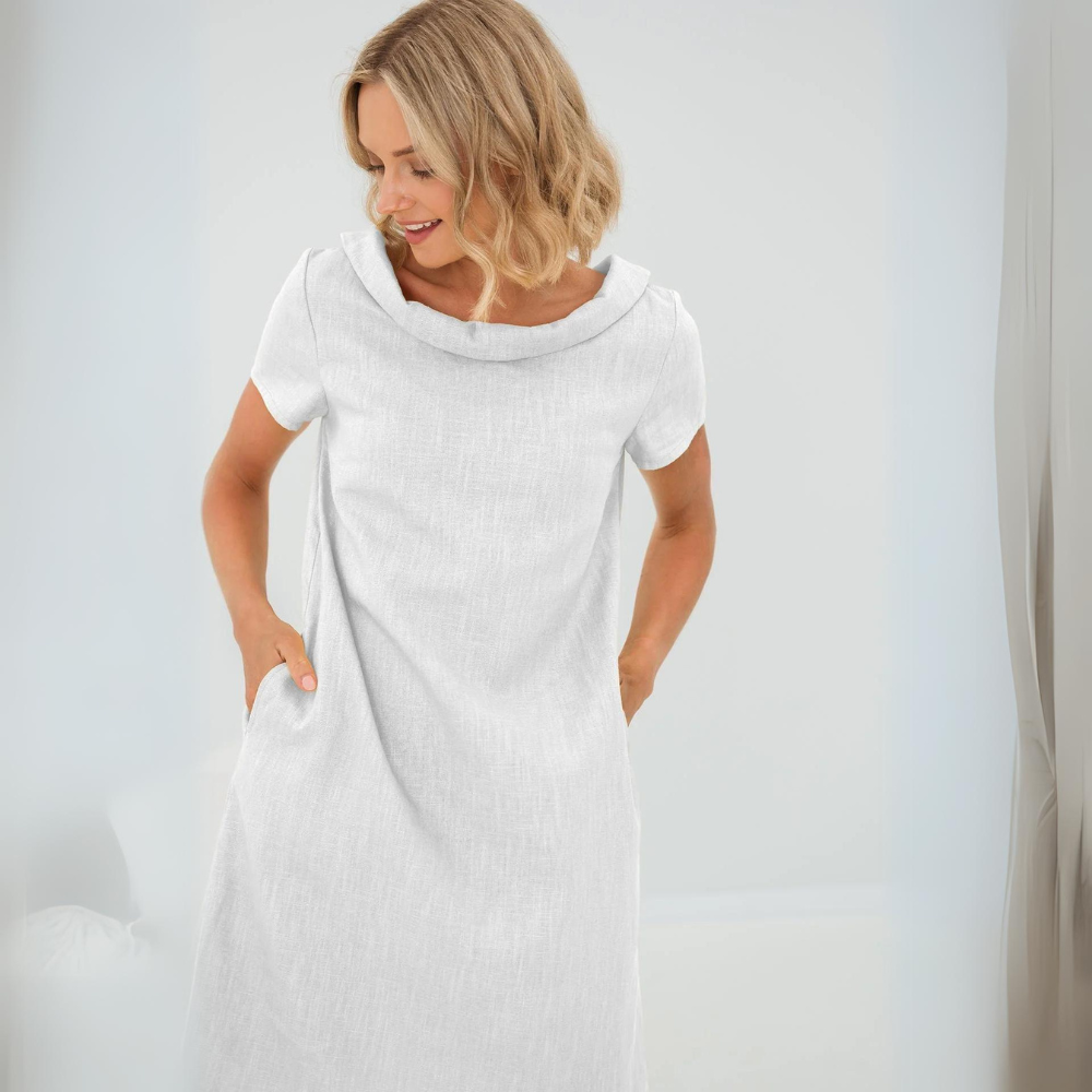 Robe douce en lin femme avec poches – Robe d’été fluide et décontractée