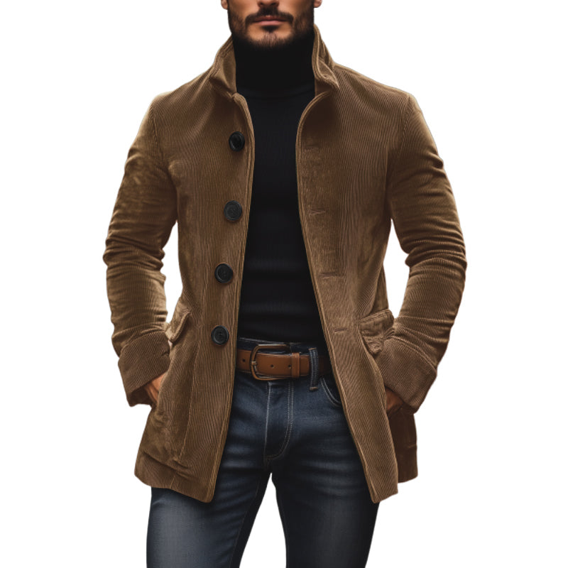 Manteau court ajusté en velours côtelé à col montant pour homme