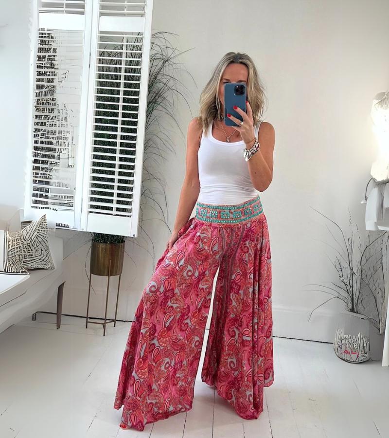 Pantalon Palazzo Bohème Élégant Femme – Pantalon Large Décontracté Taille Élastique