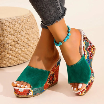 Sandales Femme Bohème à Talon Compensé Velours – Style Élégant Confort Été