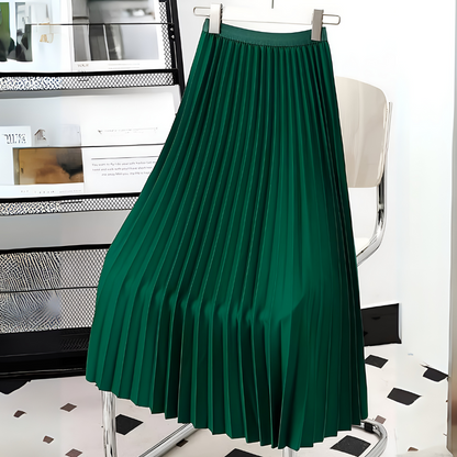 Jupe Mi-Longue Plissée en Satin Élégante pour Femme – Taille Haute Coupe Évasée