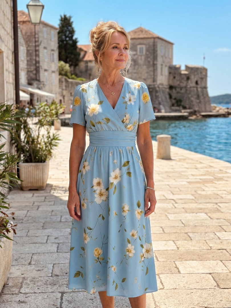 Women's floral midi dress with V-neck and short sleeves - Lightweight and summery