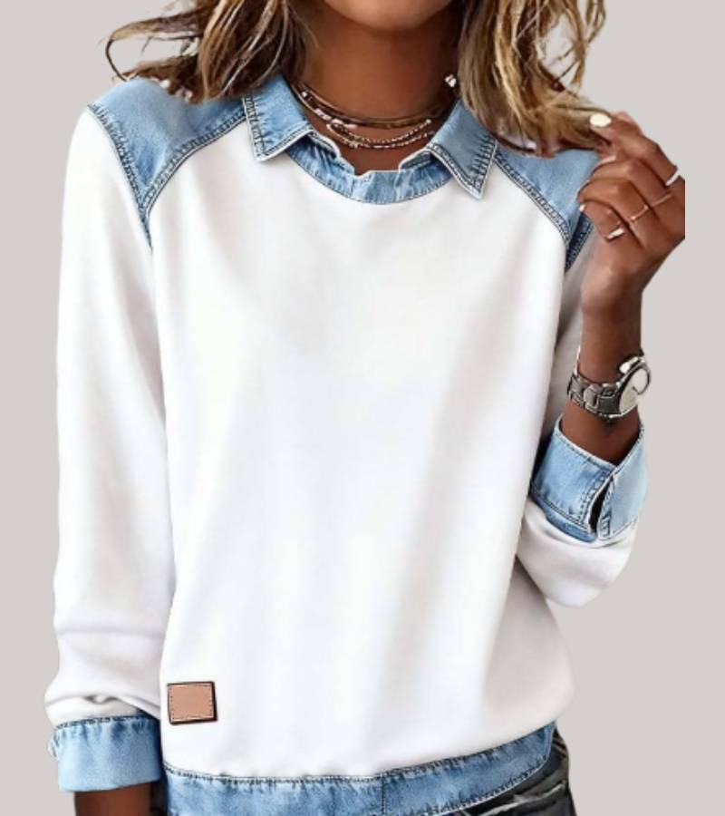Pull Élégant Bimatière Femme – Sweat Confort avec Finition Denim