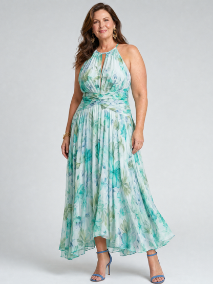 Robe midi fleurie femme plissee col halter - Raffinee et legere