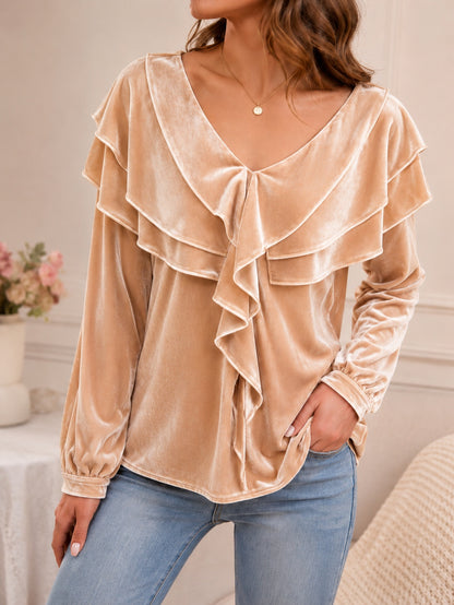 Women's Velvet Top with V-Neck and Ruffles – Elegant, Chic, Feminine Style