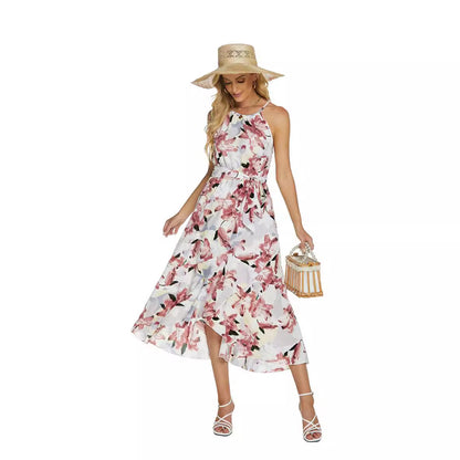 Robe Midi Élégante à Col Halter pour Femme – Imprimé Floral Satinée Sans Manches