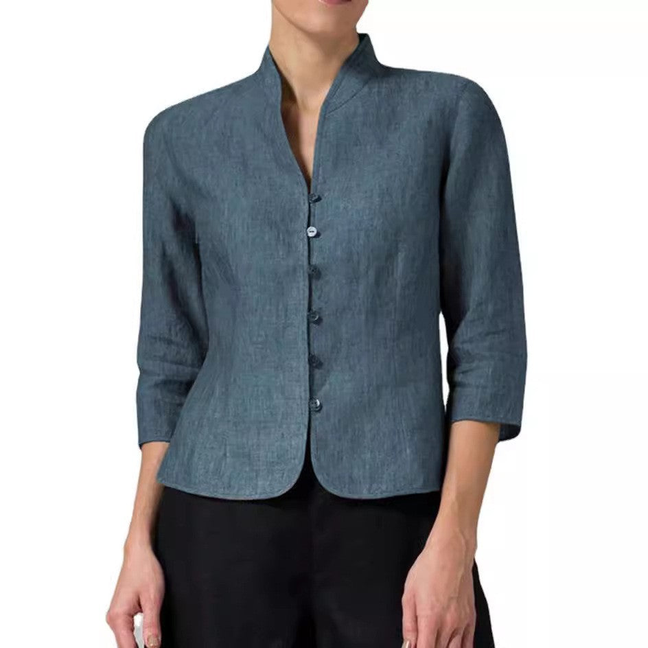 Blouse Ajustée Élégante à Boutons Femme – Col Montant en V avec Manches 3/4