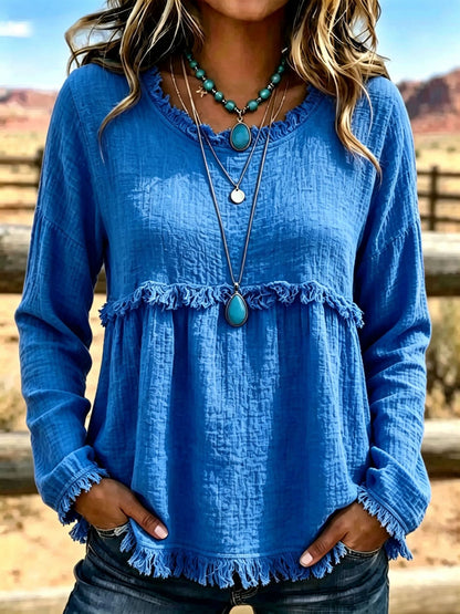 Vintage women's round-neck top with pom-poms – Chic casual style with long sleeves