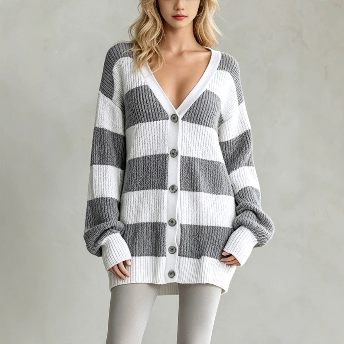 Cardigan-cappotto da donna a righe in maglia - Morbido e confortevole