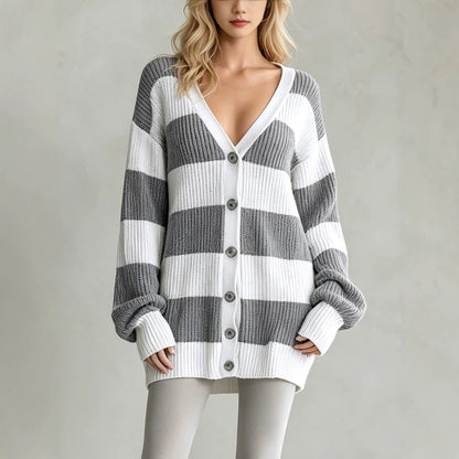 Cardigan-cappotto da donna a righe in maglia - Morbido e confortevole