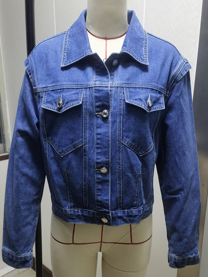Vintage washed denim jacket for women – Short casual style with long sleeves