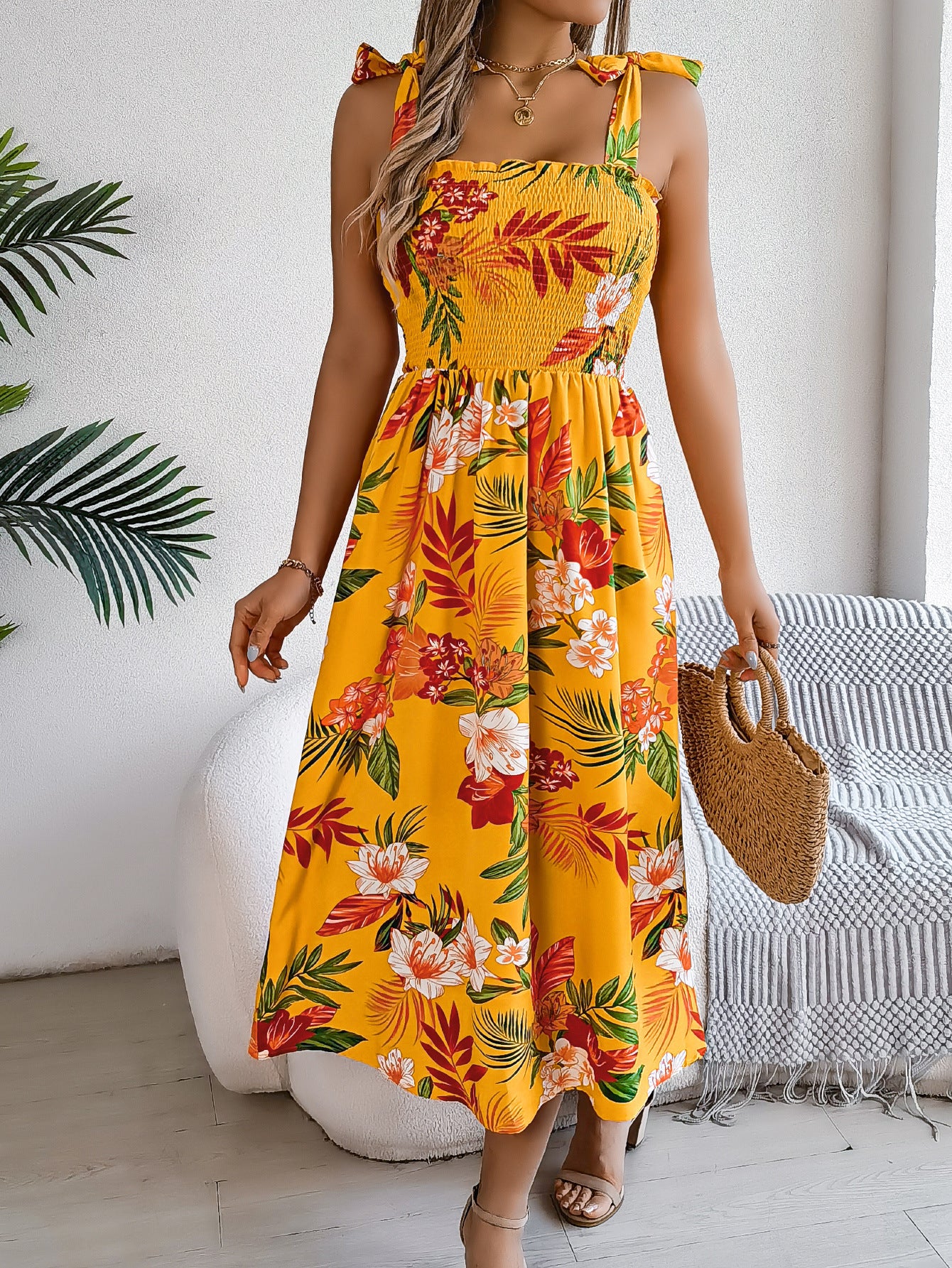 Robe Midi Corset Fleurie Femme – Tenue d’Été Élégante pour Vacances à la Plage