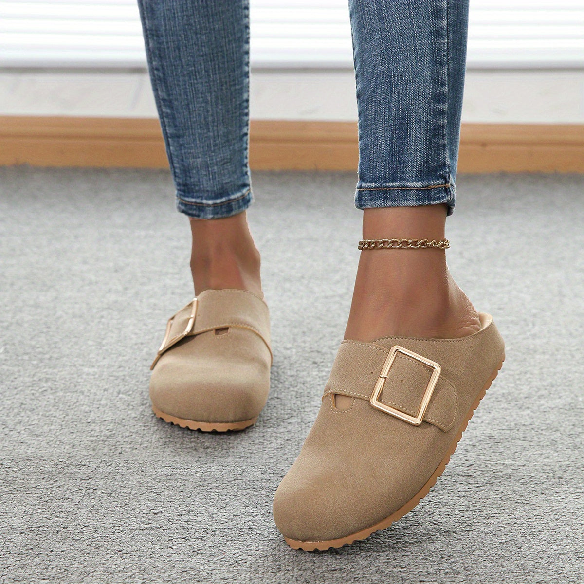 Mules à enfiler pour femmes - Tige en tissu confortable avec sangle à boucle métallique, semelle intérieure en PU doux et semelle en PVC durable - Chaussures décontractées toutes saisons, faciles à nettoyer, chaussure élégante | Confort garanti