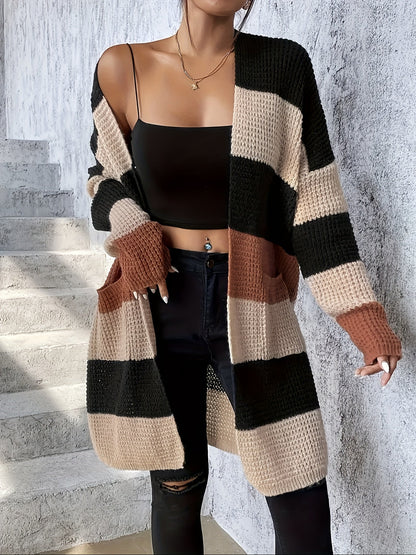 Women's long color-block cardigan - Modern and comfortable