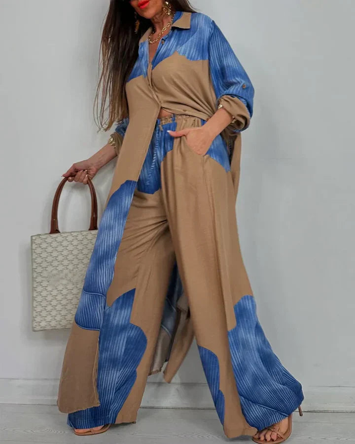 Ensemble deux pièces femme – Chemise boutonnée à col et pantalon large taille haute coordonné