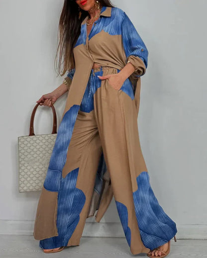 Ensemble deux pièces femme – Chemise boutonnée à col et pantalon large taille haute coordonné