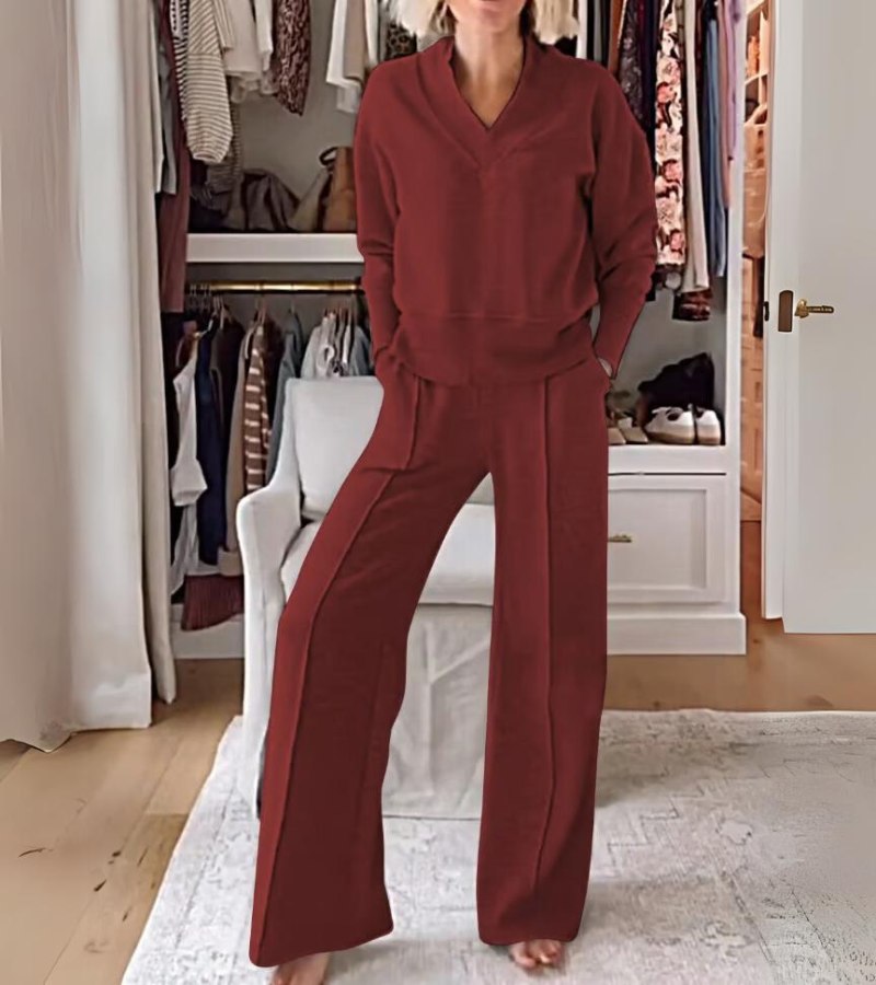 Ensemble Lounge Moderne Deux Pièces Femme – Haut Col V Manches Longues et Pantalon Large