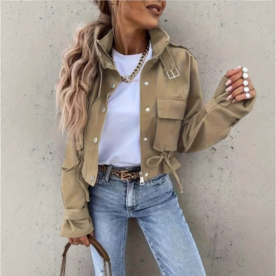 Women’s Biker Jacket with Mandarin Collar and Long Sleeves – Chic, Casual Vintage Style
