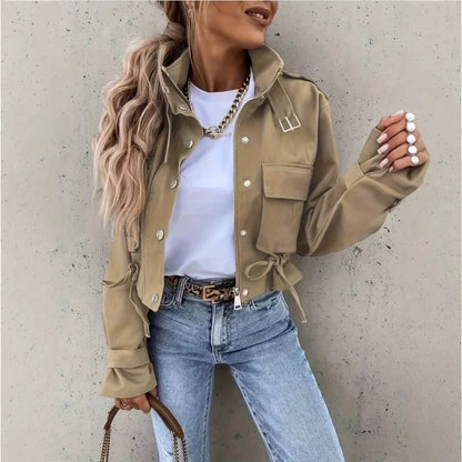 Women’s Biker Jacket with Mandarin Collar and Long Sleeves – Chic, Casual Vintage Style