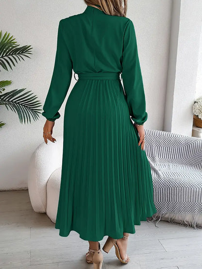 Robe Midi Femme Élégante Plissée Ceinturée – Manches Longues Style A-Line