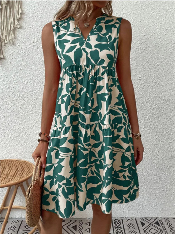 Robe Midi Fleurie Sans Manches pour Femme – Robe d’Été à Volants et Col en V