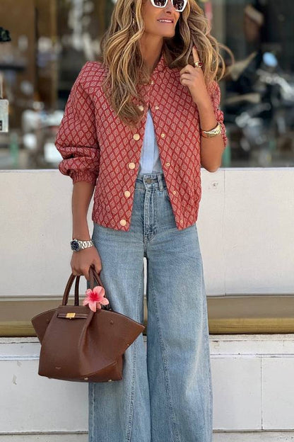 Veste Rouge Vintage Imprimée Femme – Style Décontracté Léger à Boutons
