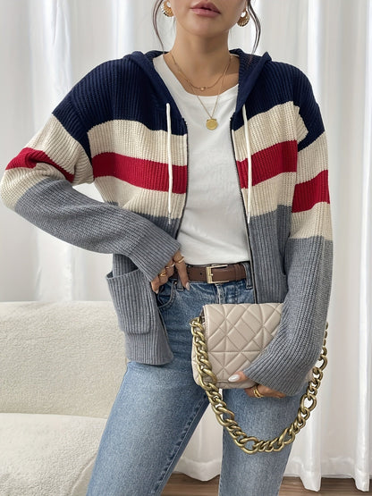 Women's zip-up color-block hooded cardigan - Comfortable and modern