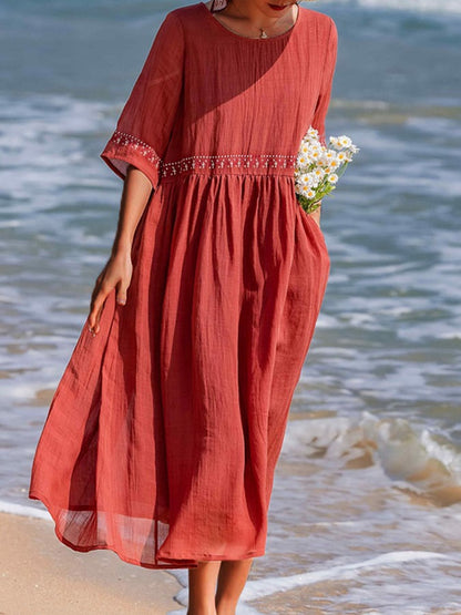 Robe Maxi Décontractée en Lin Blanc Brodé Pour Femmes – Été, Tenue de Plage