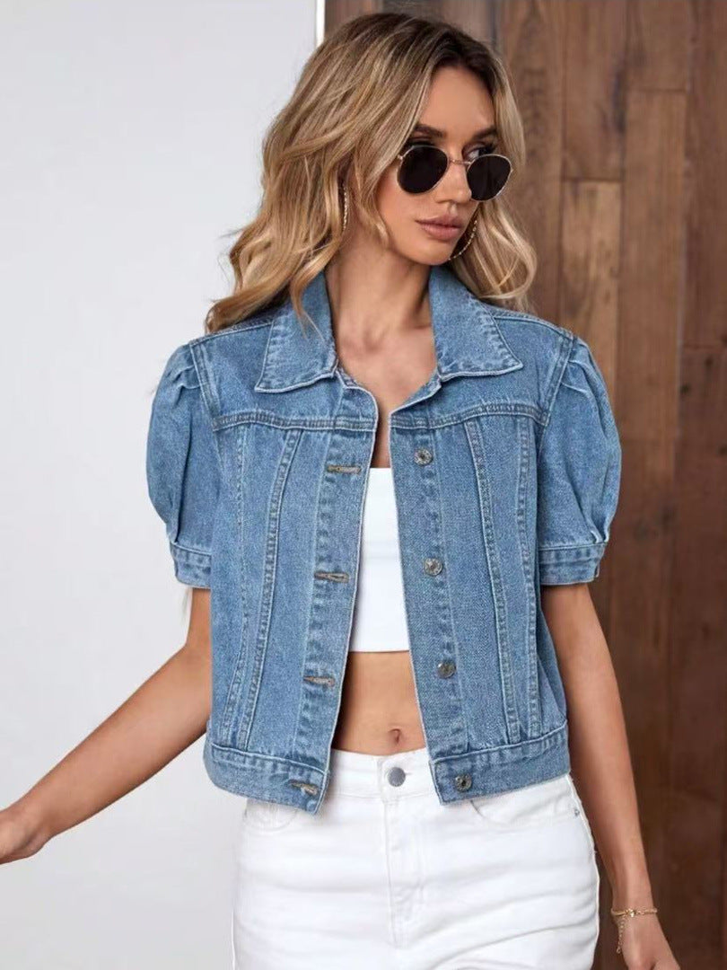 Veste en jean femme à manches bouffantes style rétro