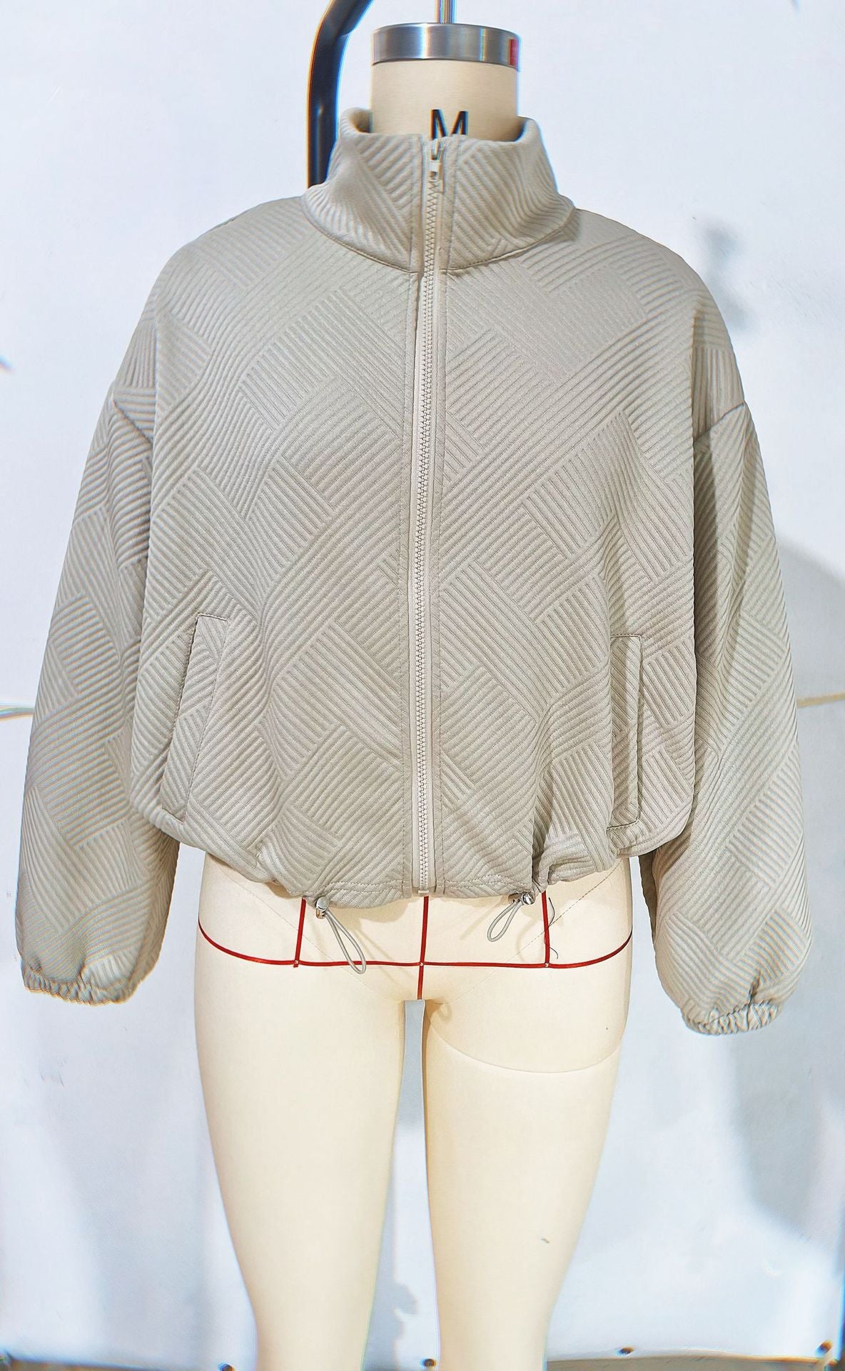 Women's stand-collar zip-up jacket – Loose fit, drawstring hem, casual fall-winter style
