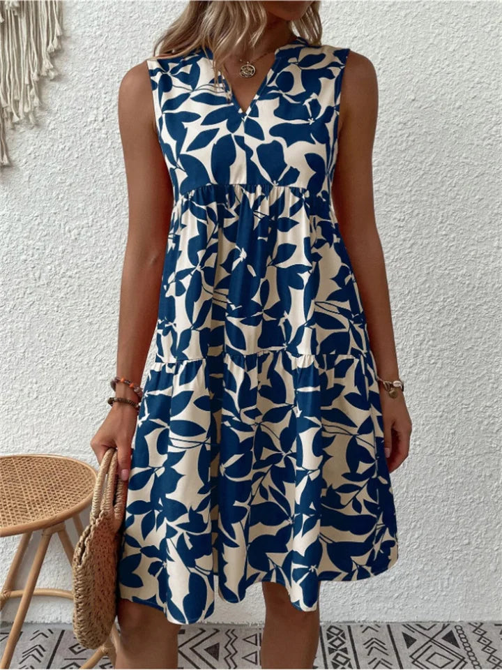Robe Midi Fleurie Sans Manches pour Femme – Robe d’Été à Volants et Col en V