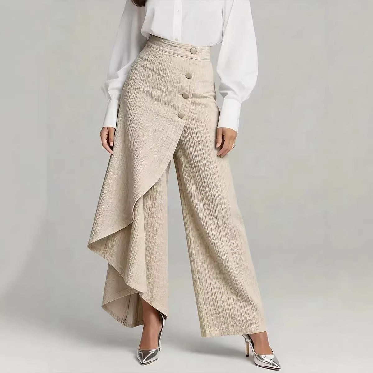 Pantalon faux jean droit unique pour femmes – Pantalon mode avec boutons à volants