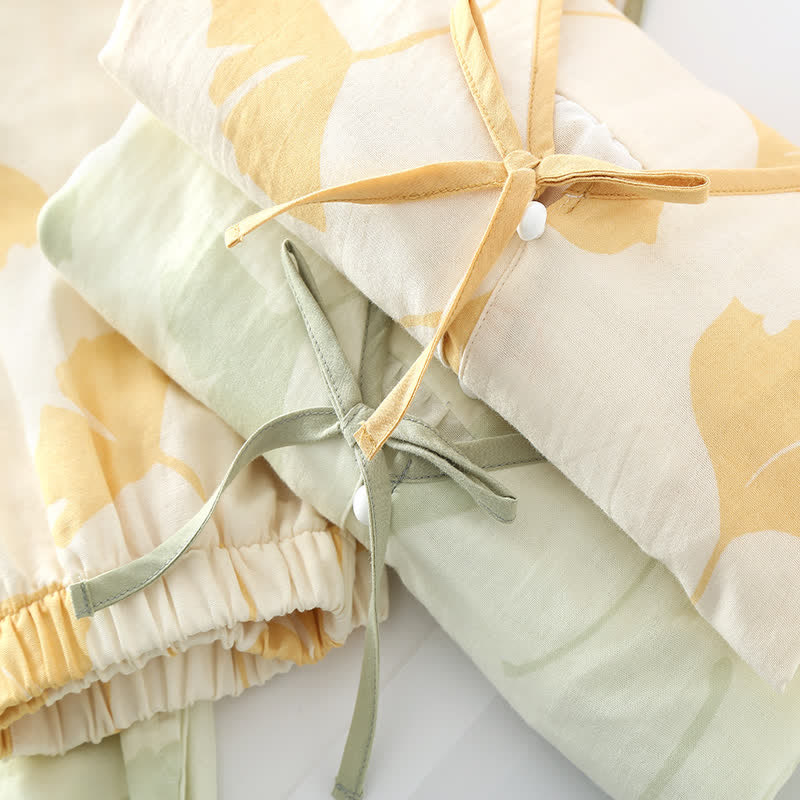 Pyjama Décontracté Élégant Femme à Feuilles de Ginkgo – Ensemble 2 Pièces Léger et Doux en Coton avec Noeud Décoratif et Coupe Ample