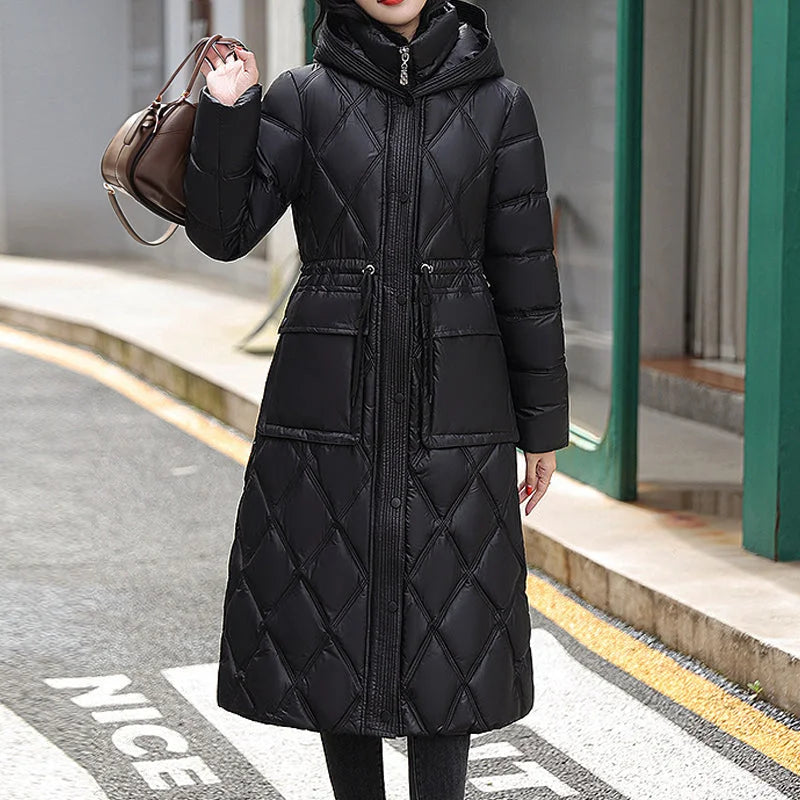Manteau d’hiver matelassé long en A pour femme – Doudoune confortable zippée